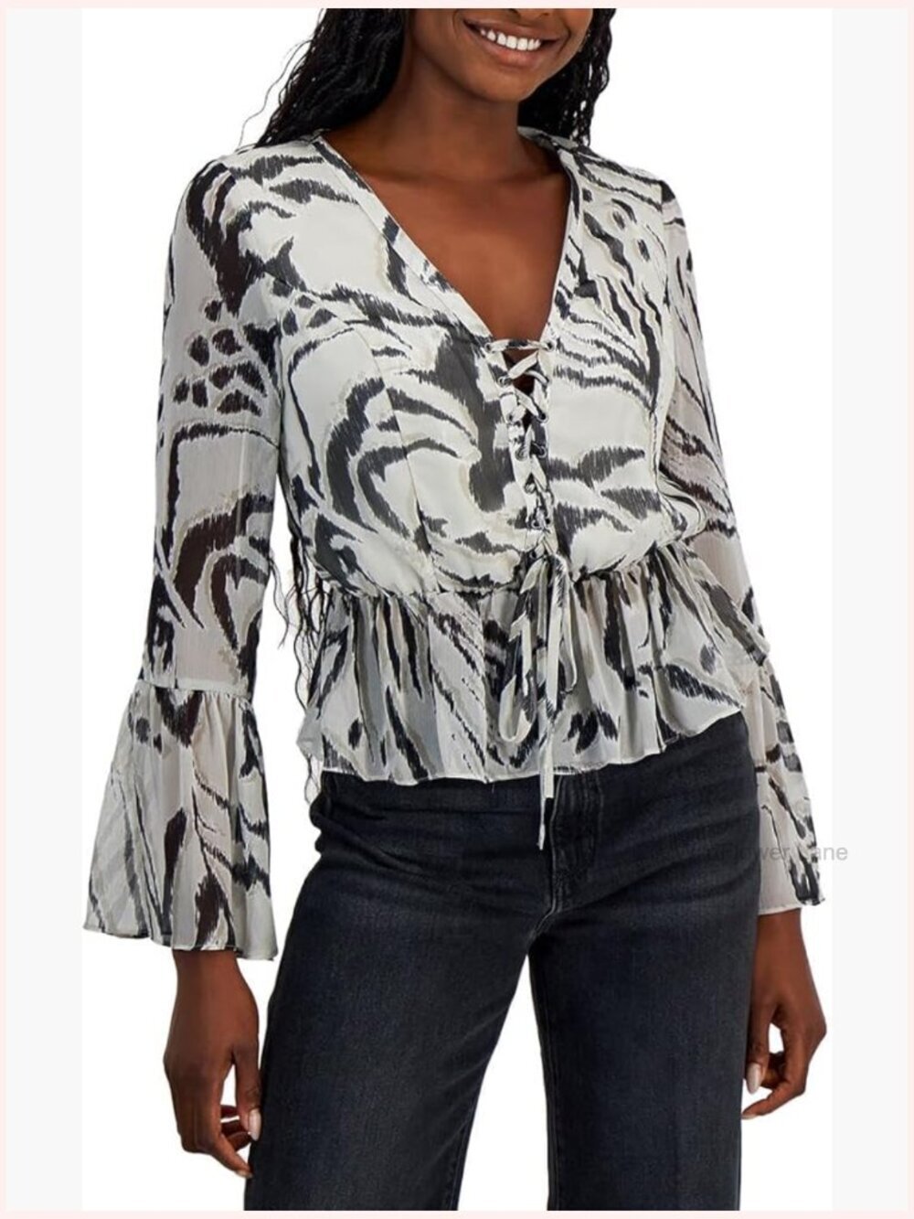 Long Sleeve Zebra Print Blouse with Bell Sleeves and Lace Up Front